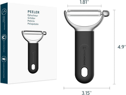 Swivel Vegetable Potato Peeler for Kitchen, Japanese Stainless Steel Sharp Blade, Heavy Duty Die-cast Construction Y Peeler, Built-in Eye Remover, Soft-touch Handle, Dishwasher Safe, Black