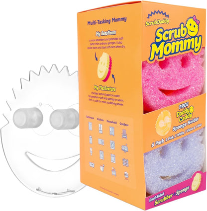 6 Kitchen Sponges & 1 Daddy Caddy Dish Sponge Holder - BPA Free & Made with Polymer Foam - Stain & Odor Resistant, Scratch-Free Multipurpose Scrubbers