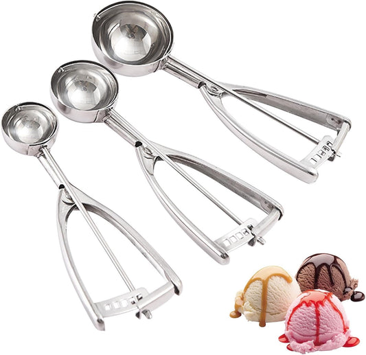 Ice Cream Scoop, 3Pcs Stainless Steel Cookie Scooper with Trigger Release, Melon Baller Scoops, Scooper for Cookie Dough Muffin Baking & Dessert, Fruit and Meatball, 3 Size - Large/Medium/Small