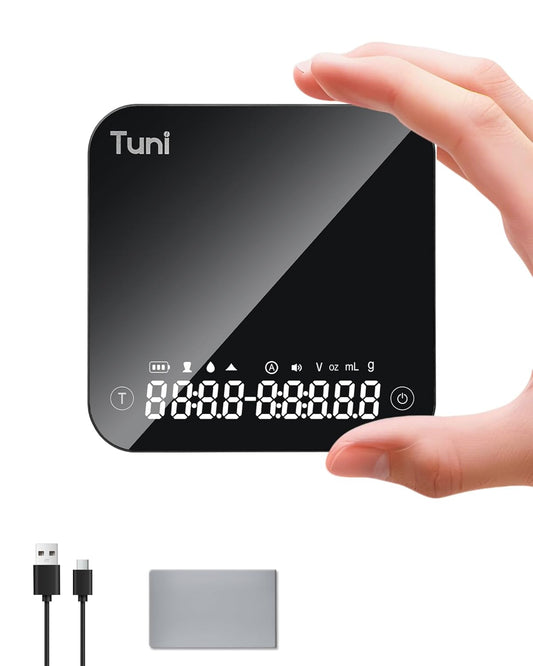 Rechargeable Mini Coffee Scale, Automatic Precise Timing Scale, Black | Portable Digital Scale, 500mAh Lithium Battery, Type-C Charging Cable, LED Touchscreen, Waterproof Tempered Glass Surface