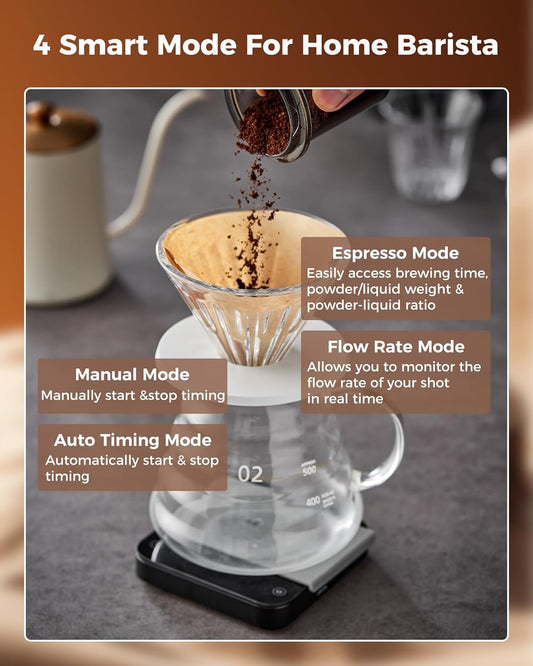 Rechargeable Mini Coffee Scale, Automatic Precise Timing Scale, Black | Portable Digital Scale, 500mAh Lithium Battery, Type-C Charging Cable, LED Touchscreen, Waterproof Tempered Glass Surface