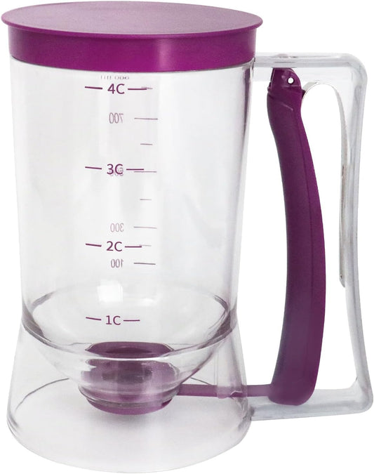 Pancake Batter Dispenser, Kitchen Must Have Tool for Perfect Pancakes, Cupcake, Waffle, Cake & Crepe, Batter Separator Maker with Measuring Label, Easy Pour Baking Supplies for Griddle (Purple)