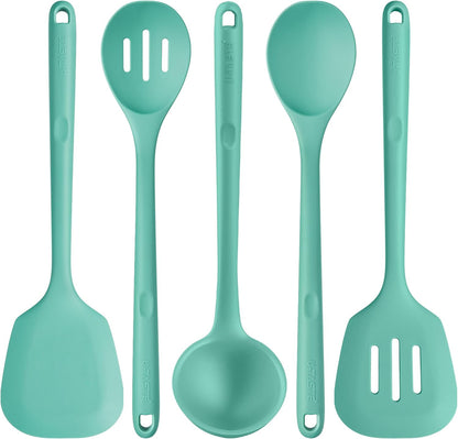 Silicone Kitchen Cooking Utensil Set of 5, 13.6" Long, Aqua Sky