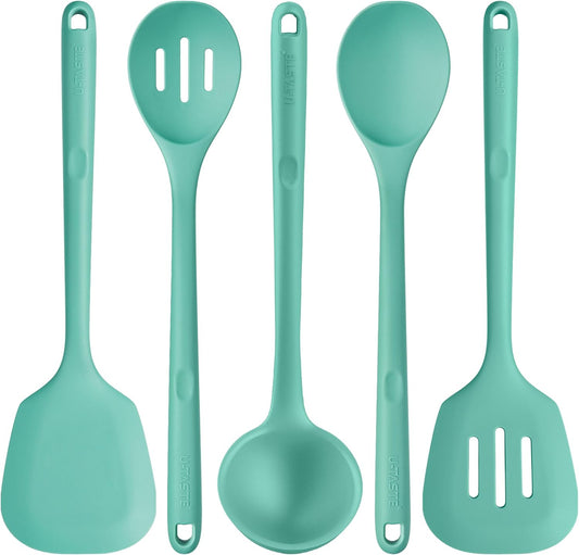 Silicone Kitchen Cooking Utensil Set of 5, 13.6" Long, Aqua Sky