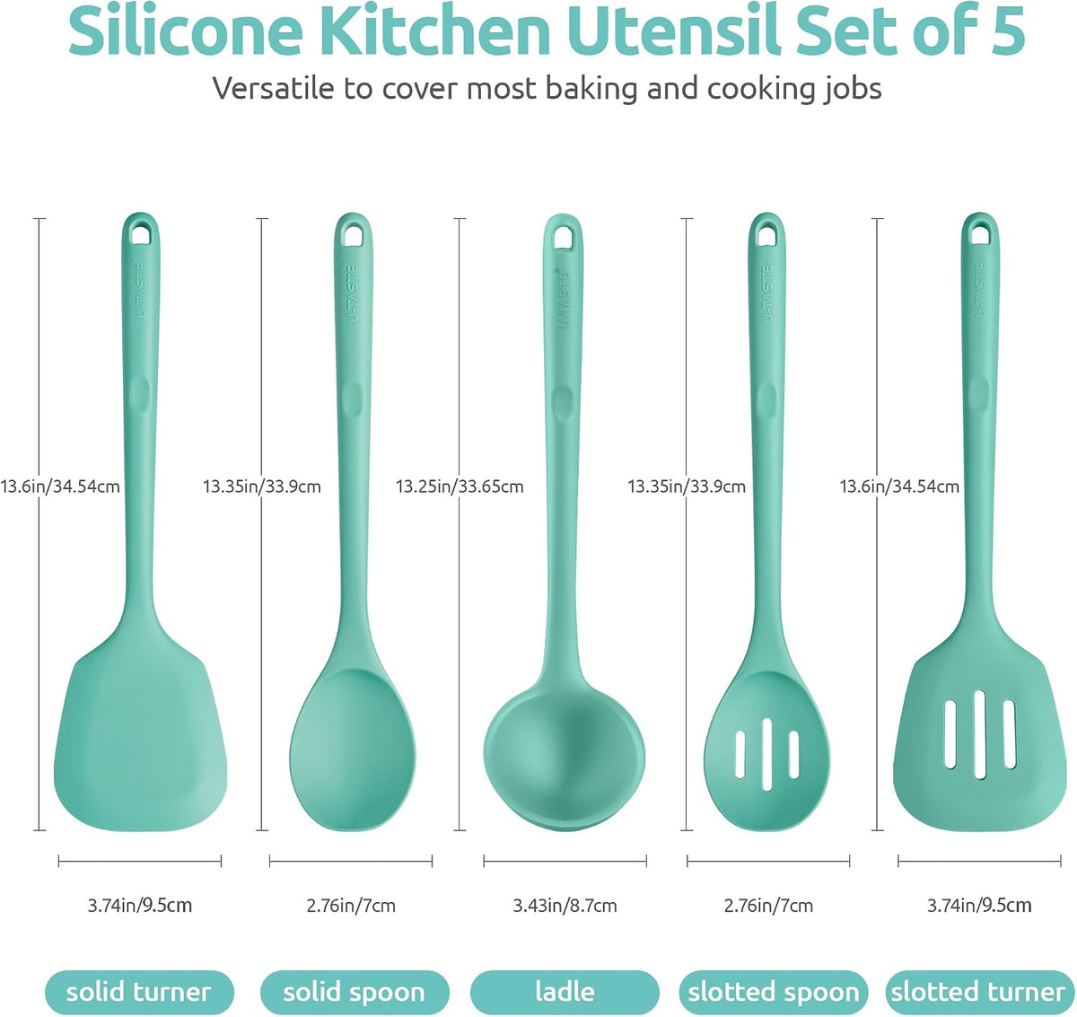 Silicone Kitchen Cooking Utensil Set of 5, 13.6" Long, Aqua Sky