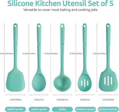 Silicone Kitchen Cooking Utensil Set of 5, 13.6" Long, Aqua Sky