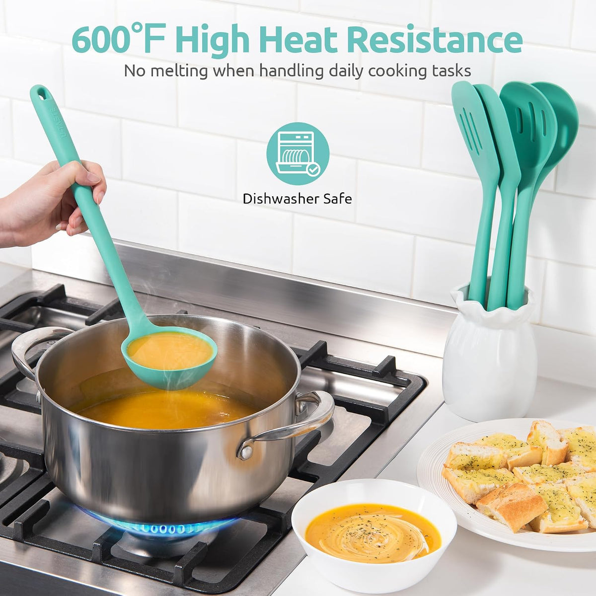 Silicone Kitchen Cooking Utensil Set of 5, 13.6" Long, Aqua Sky