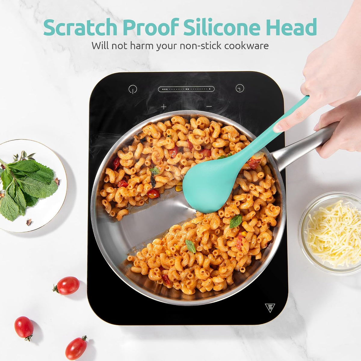 Silicone Kitchen Cooking Utensil Set of 5, 13.6" Long, Aqua Sky