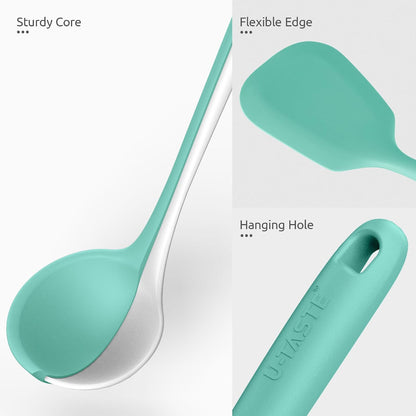 Silicone Kitchen Cooking Utensil Set of 5, 13.6" Long, Aqua Sky