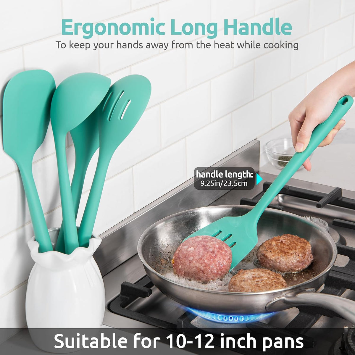 Silicone Kitchen Cooking Utensil Set of 5, 13.6" Long, Aqua Sky