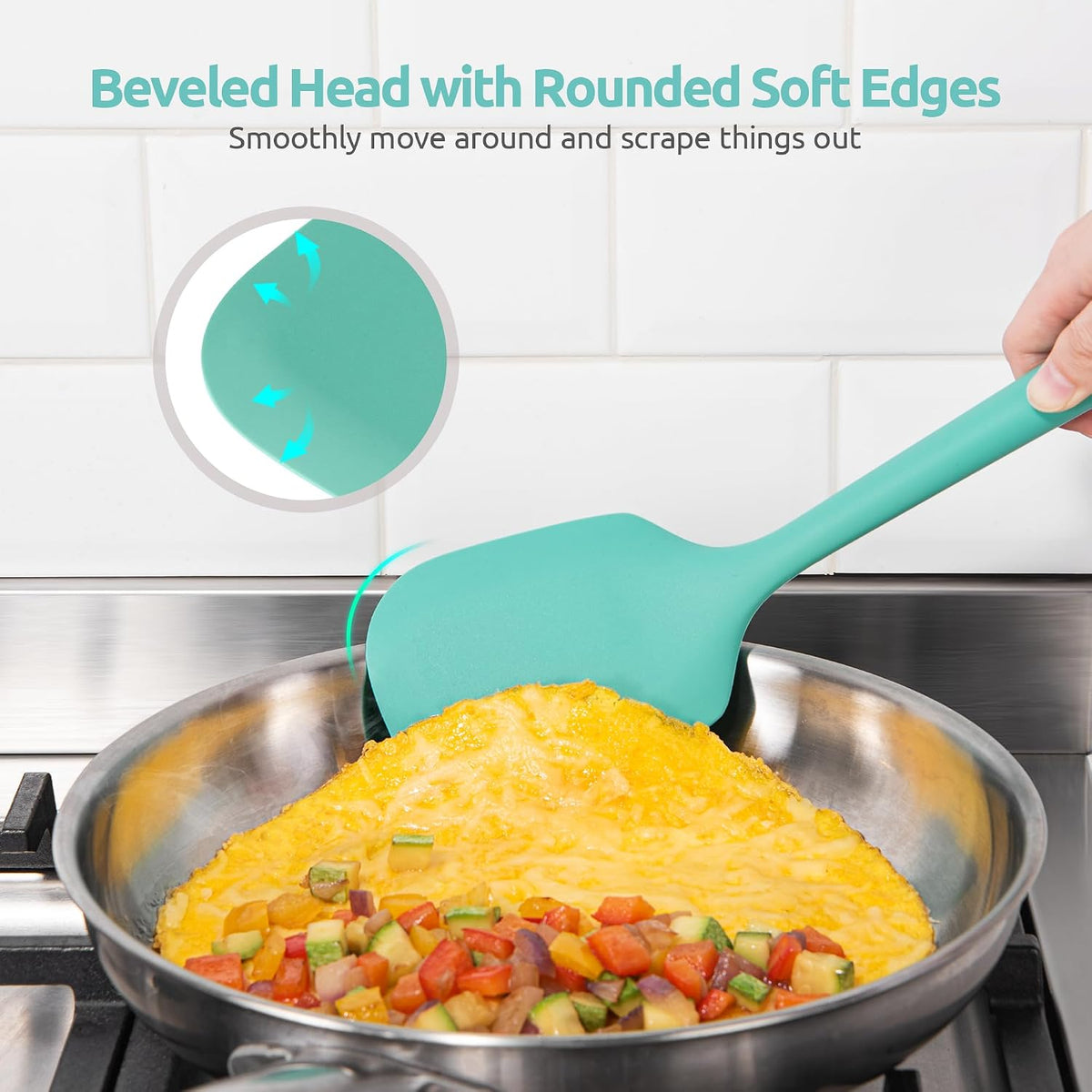 Silicone Kitchen Cooking Utensil Set of 5, 13.6" Long, Aqua Sky