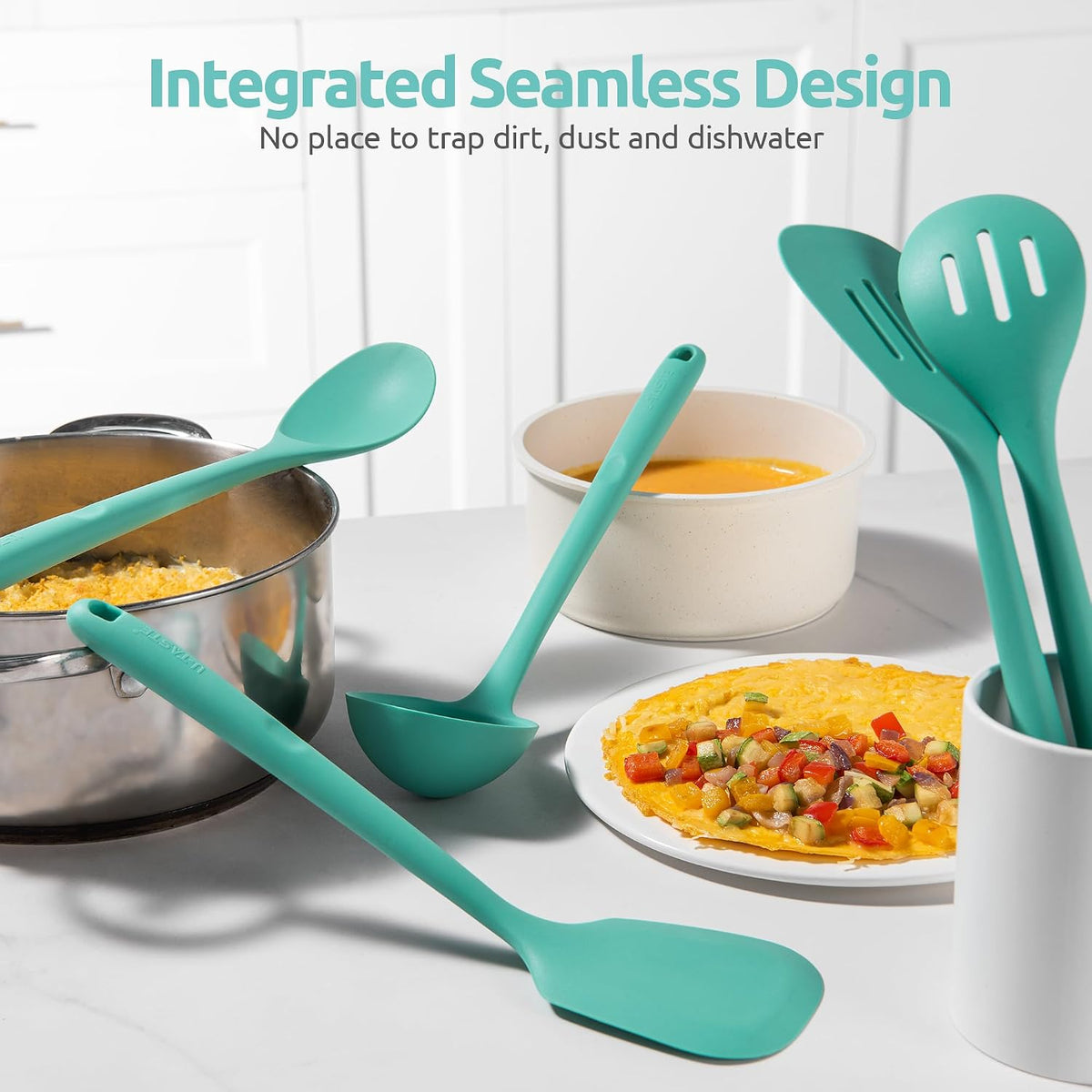 Silicone Kitchen Cooking Utensil Set of 5, 13.6" Long, Aqua Sky