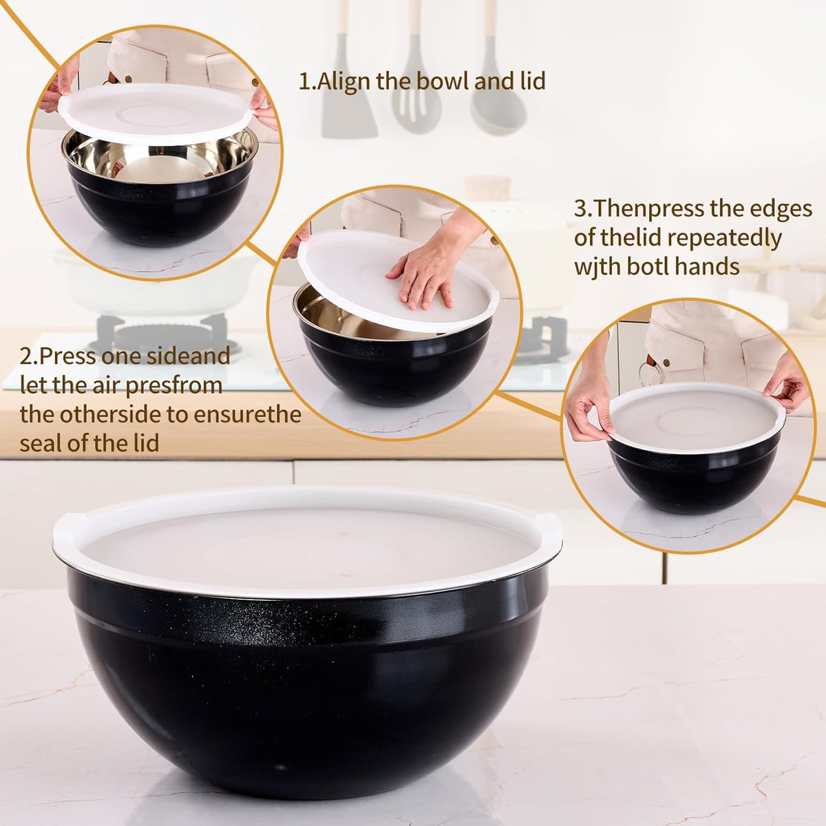 Gold Mixing Bowls with Airtight Lids, Stainless Steel Nesting Mixing Bowls Set of 7, Ideal for Baking, Prepping and Serving Food, Size 7, 3.6, 2.7, 2.1, 1.5, 1.1,0.8 QT, Stackable Design