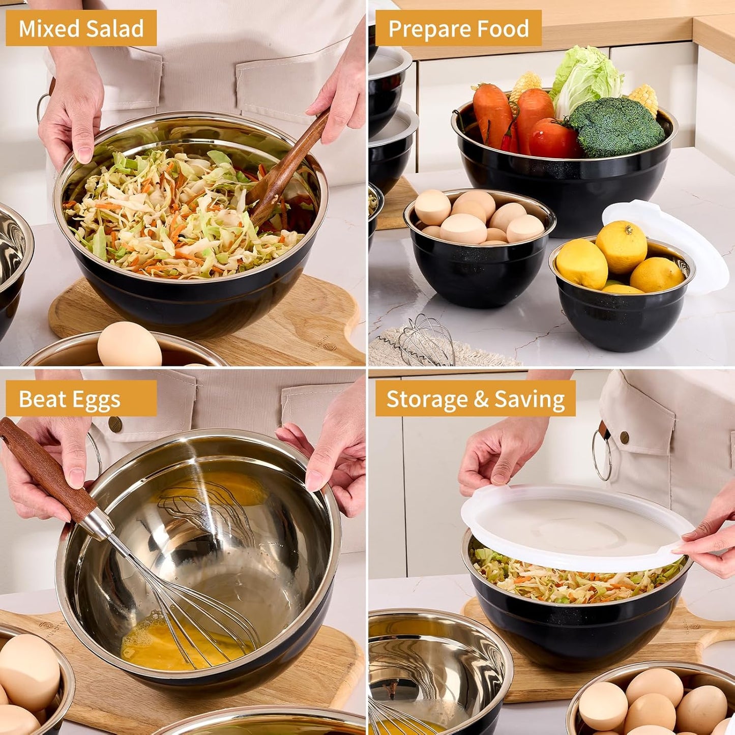 Gold Mixing Bowls with Airtight Lids, Stainless Steel Nesting Mixing Bowls Set of 7, Ideal for Baking, Prepping and Serving Food, Size 7, 3.6, 2.7, 2.1, 1.5, 1.1,0.8 QT, Stackable Design