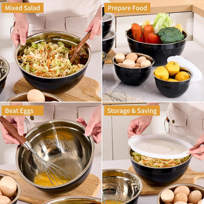 Gold Mixing Bowls with Airtight Lids, Stainless Steel Nesting Mixing Bowls Set of 7, Ideal for Baking, Prepping and Serving Food, Size 7, 3.6, 2.7, 2.1, 1.5, 1.1,0.8 QT, Stackable Design