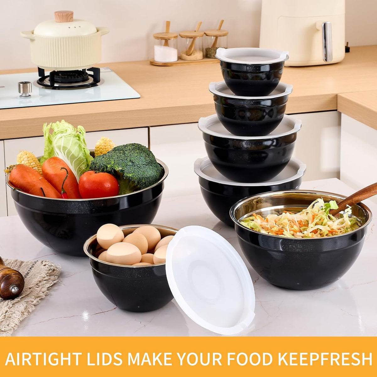 Gold Mixing Bowls with Airtight Lids, Stainless Steel Nesting Mixing Bowls Set of 7, Ideal for Baking, Prepping and Serving Food, Size 7, 3.6, 2.7, 2.1, 1.5, 1.1,0.8 QT, Stackable Design