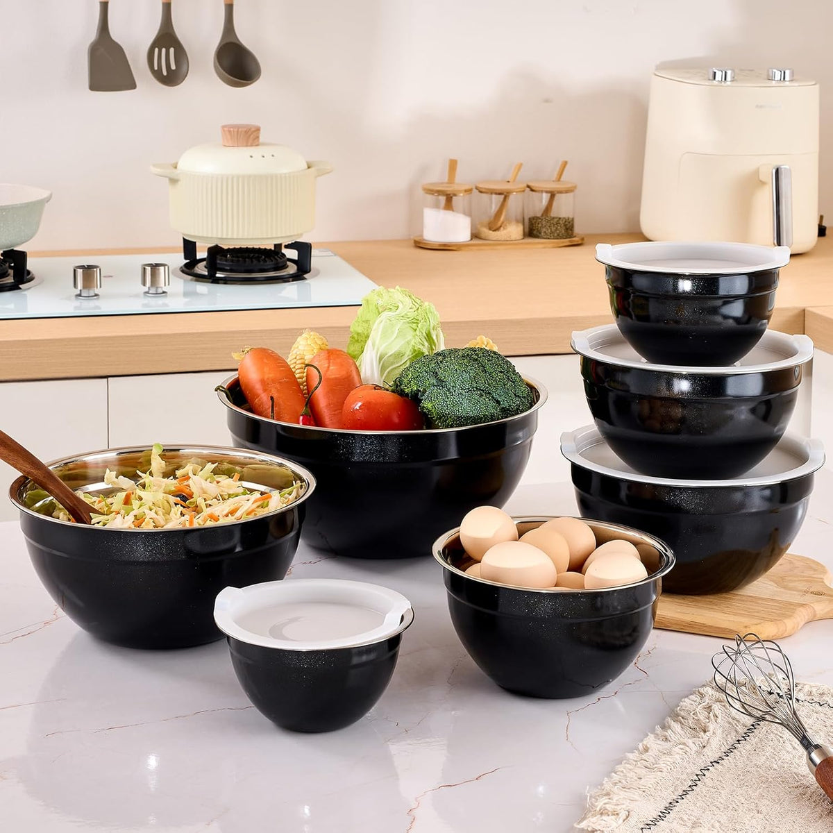 Gold Mixing Bowls with Airtight Lids, Stainless Steel Nesting Mixing Bowls Set of 7, Ideal for Baking, Prepping and Serving Food, Size 7, 3.6, 2.7, 2.1, 1.5, 1.1,0.8 QT, Stackable Design