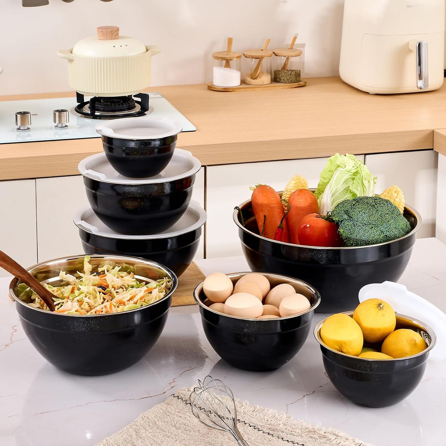Gold Mixing Bowls with Airtight Lids, Stainless Steel Nesting Mixing Bowls Set of 7, Ideal for Baking, Prepping and Serving Food, Size 7, 3.6, 2.7, 2.1, 1.5, 1.1,0.8 QT, Stackable Design