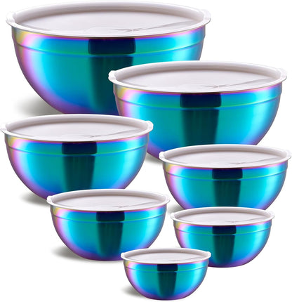 Gold Mixing Bowls with Airtight Lids, Stainless Steel Nesting Mixing Bowls Set of 7, Ideal for Baking, Prepping and Serving Food, Size 7, 3.6, 2.7, 2.1, 1.5, 1.1,0.8 QT, Stackable Design