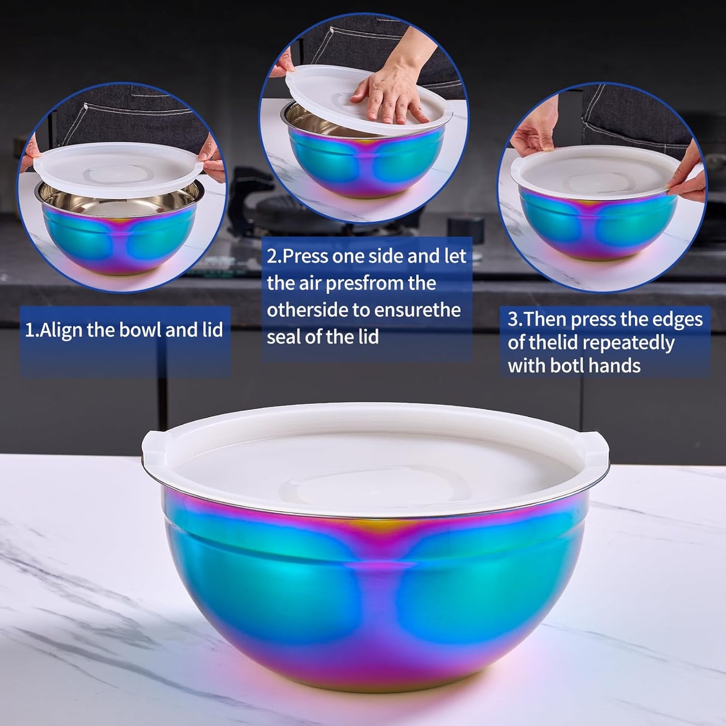 Gold Mixing Bowls with Airtight Lids, Stainless Steel Nesting Mixing Bowls Set of 7, Ideal for Baking, Prepping and Serving Food, Size 7, 3.6, 2.7, 2.1, 1.5, 1.1,0.8 QT, Stackable Design