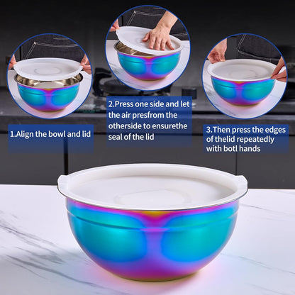 Gold Mixing Bowls with Airtight Lids, Stainless Steel Nesting Mixing Bowls Set of 7, Ideal for Baking, Prepping and Serving Food, Size 7, 3.6, 2.7, 2.1, 1.5, 1.1,0.8 QT, Stackable Design