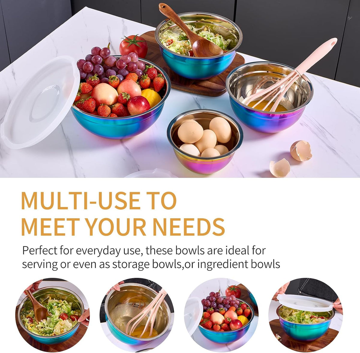 Gold Mixing Bowls with Airtight Lids, Stainless Steel Nesting Mixing Bowls Set of 7, Ideal for Baking, Prepping and Serving Food, Size 7, 3.6, 2.7, 2.1, 1.5, 1.1,0.8 QT, Stackable Design