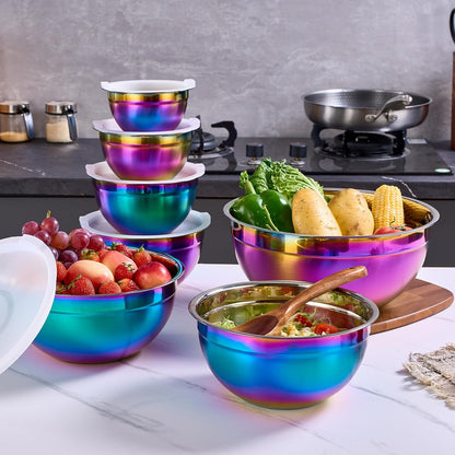 Gold Mixing Bowls with Airtight Lids, Stainless Steel Nesting Mixing Bowls Set of 7, Ideal for Baking, Prepping and Serving Food, Size 7, 3.6, 2.7, 2.1, 1.5, 1.1,0.8 QT, Stackable Design