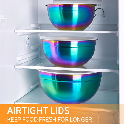 Gold Mixing Bowls with Airtight Lids, Stainless Steel Nesting Mixing Bowls Set of 7, Ideal for Baking, Prepping and Serving Food, Size 7, 3.6, 2.7, 2.1, 1.5, 1.1,0.8 QT, Stackable Design