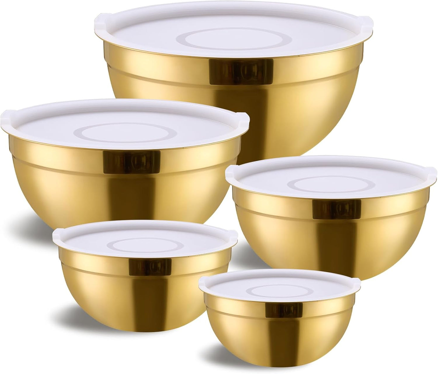 Gold Mixing Bowls with Airtight Lids, Stainless Steel Nesting Mixing Bowls Set of 7, Ideal for Baking, Prepping and Serving Food, Size 7, 3.6, 2.7, 2.1, 1.5, 1.1,0.8 QT, Stackable Design