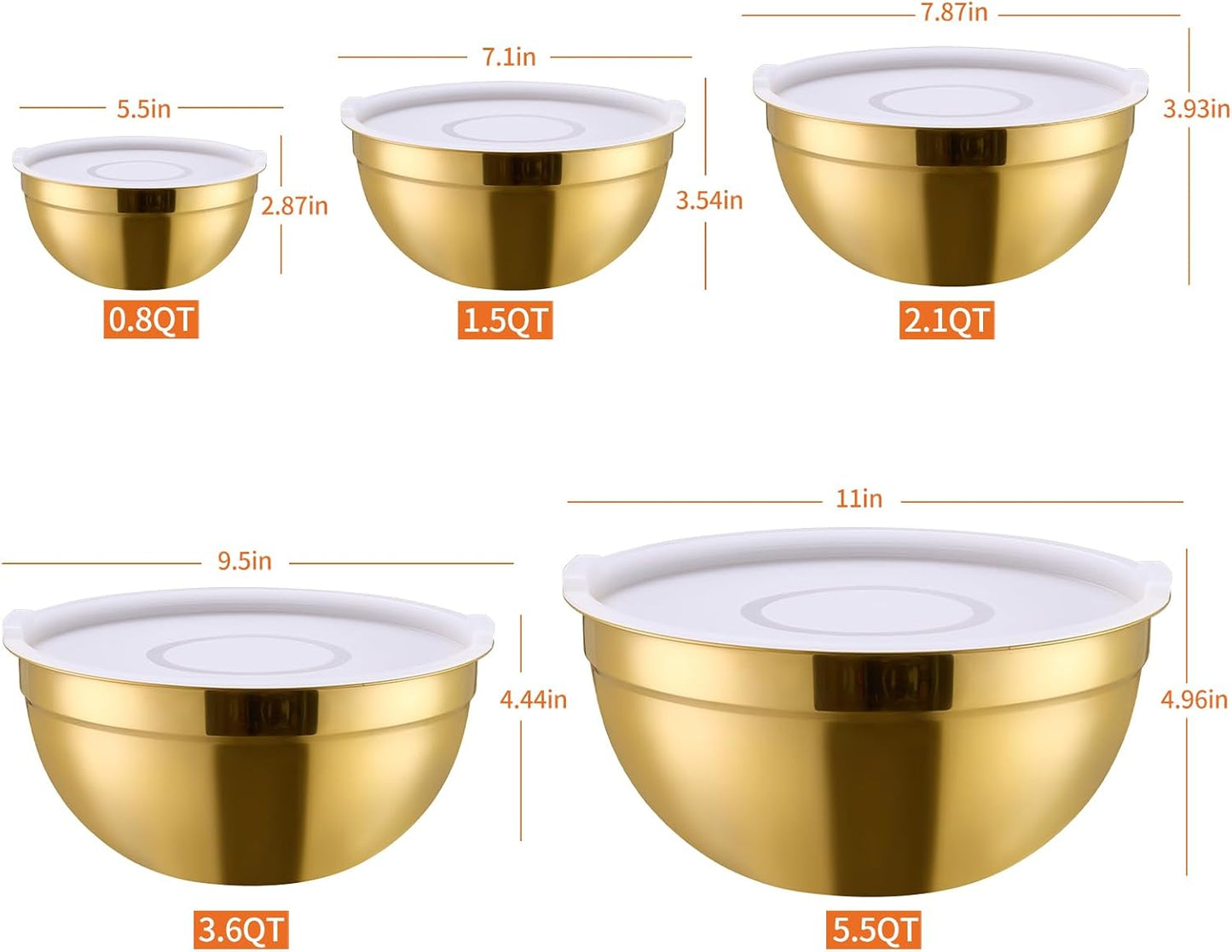 Gold Mixing Bowls with Airtight Lids, Stainless Steel Nesting Mixing Bowls Set of 7, Ideal for Baking, Prepping and Serving Food, Size 7, 3.6, 2.7, 2.1, 1.5, 1.1,0.8 QT, Stackable Design