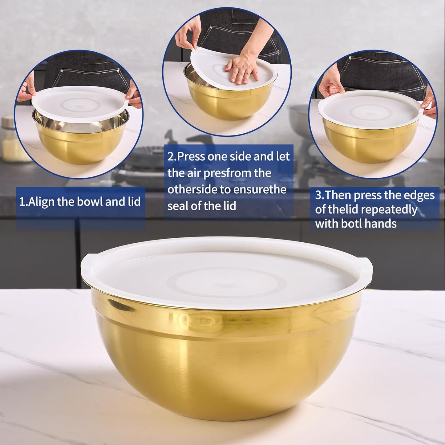 Gold Mixing Bowls with Airtight Lids, Stainless Steel Nesting Mixing Bowls Set of 7, Ideal for Baking, Prepping and Serving Food, Size 7, 3.6, 2.7, 2.1, 1.5, 1.1,0.8 QT, Stackable Design