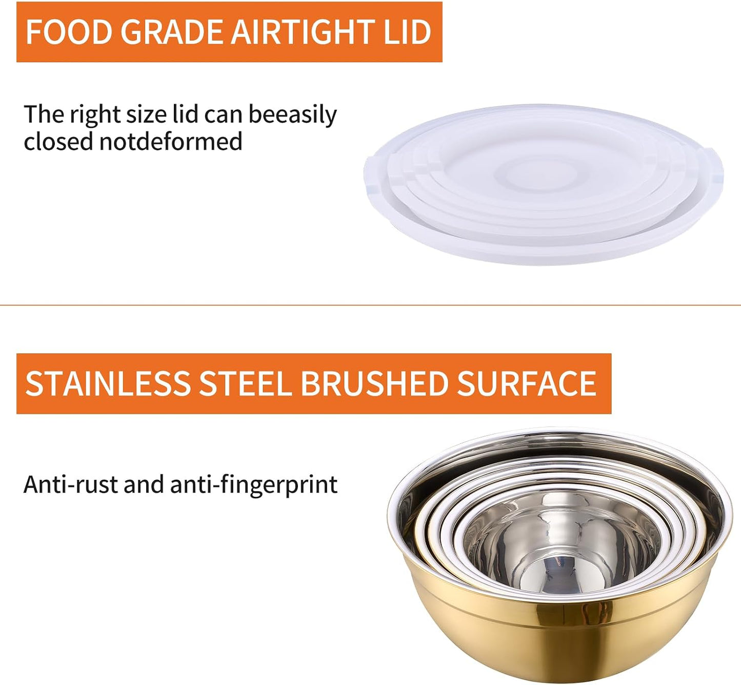 Gold Mixing Bowls with Airtight Lids, Stainless Steel Nesting Mixing Bowls Set of 7, Ideal for Baking, Prepping and Serving Food, Size 7, 3.6, 2.7, 2.1, 1.5, 1.1,0.8 QT, Stackable Design
