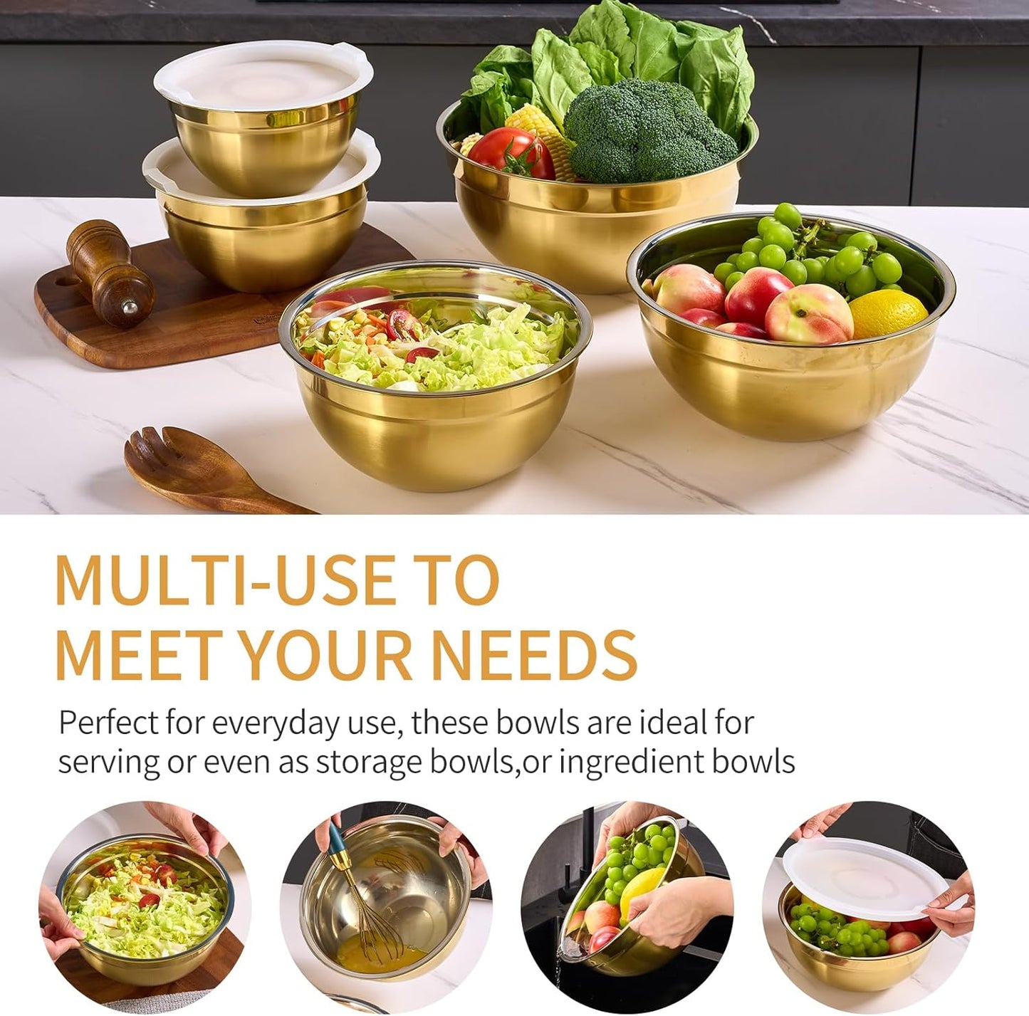 Gold Mixing Bowls with Airtight Lids, Stainless Steel Nesting Mixing Bowls Set of 7, Ideal for Baking, Prepping and Serving Food, Size 7, 3.6, 2.7, 2.1, 1.5, 1.1,0.8 QT, Stackable Design