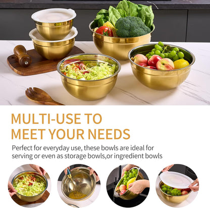 Gold Mixing Bowls with Airtight Lids, Stainless Steel Nesting Mixing Bowls Set of 7, Ideal for Baking, Prepping and Serving Food, Size 7, 3.6, 2.7, 2.1, 1.5, 1.1,0.8 QT, Stackable Design
