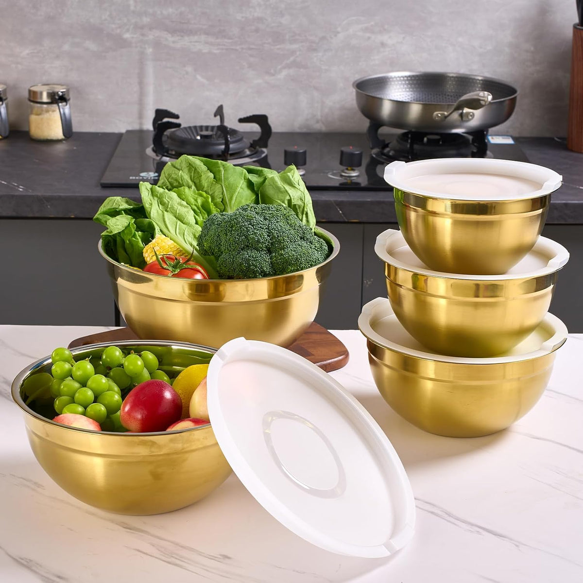 Gold Mixing Bowls with Airtight Lids, Stainless Steel Nesting Mixing Bowls Set of 7, Ideal for Baking, Prepping and Serving Food, Size 7, 3.6, 2.7, 2.1, 1.5, 1.1,0.8 QT, Stackable Design