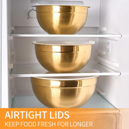 Gold Mixing Bowls with Airtight Lids, Stainless Steel Nesting Mixing Bowls Set of 7, Ideal for Baking, Prepping and Serving Food, Size 7, 3.6, 2.7, 2.1, 1.5, 1.1,0.8 QT, Stackable Design