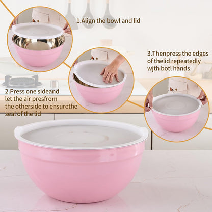 Gold Mixing Bowls with Airtight Lids, Stainless Steel Nesting Mixing Bowls Set of 7, Ideal for Baking, Prepping and Serving Food, Size 7, 3.6, 2.7, 2.1, 1.5, 1.1,0.8 QT, Stackable Design
