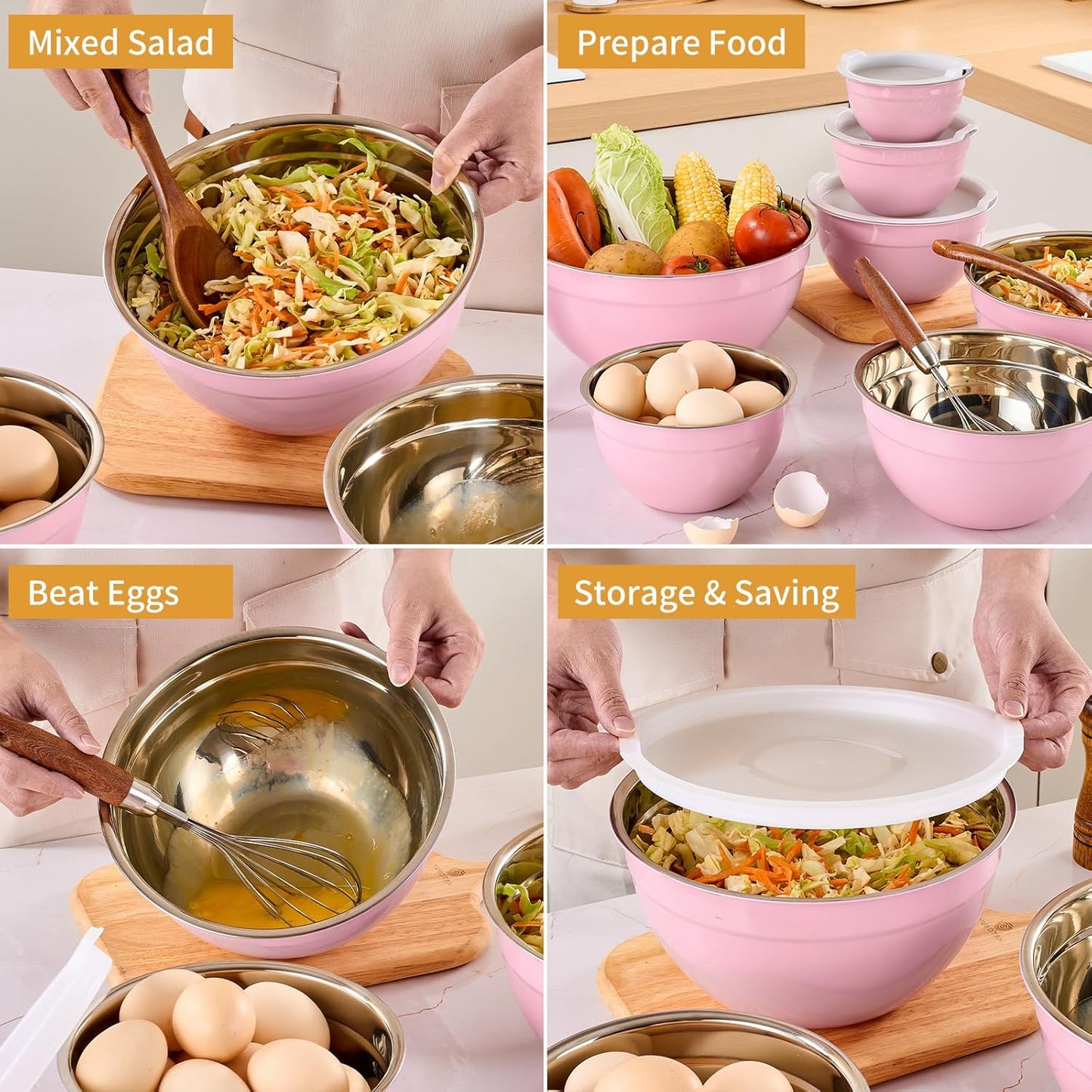 Gold Mixing Bowls with Airtight Lids, Stainless Steel Nesting Mixing Bowls Set of 7, Ideal for Baking, Prepping and Serving Food, Size 7, 3.6, 2.7, 2.1, 1.5, 1.1,0.8 QT, Stackable Design