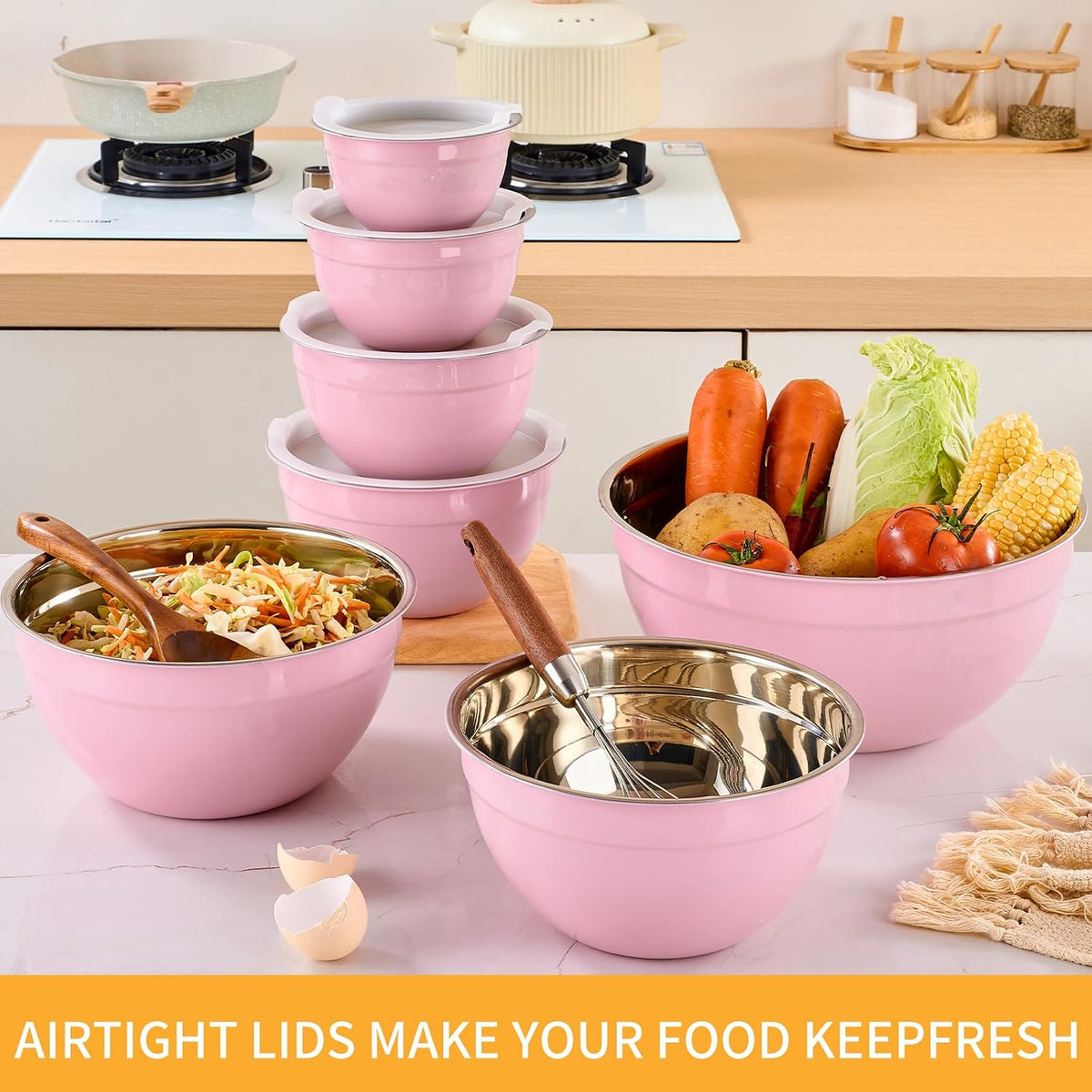 Gold Mixing Bowls with Airtight Lids, Stainless Steel Nesting Mixing Bowls Set of 7, Ideal for Baking, Prepping and Serving Food, Size 7, 3.6, 2.7, 2.1, 1.5, 1.1,0.8 QT, Stackable Design