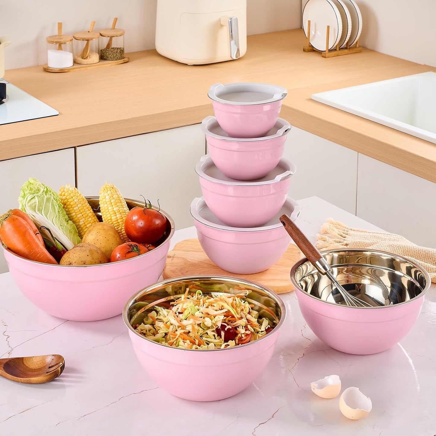 Gold Mixing Bowls with Airtight Lids, Stainless Steel Nesting Mixing Bowls Set of 7, Ideal for Baking, Prepping and Serving Food, Size 7, 3.6, 2.7, 2.1, 1.5, 1.1,0.8 QT, Stackable Design