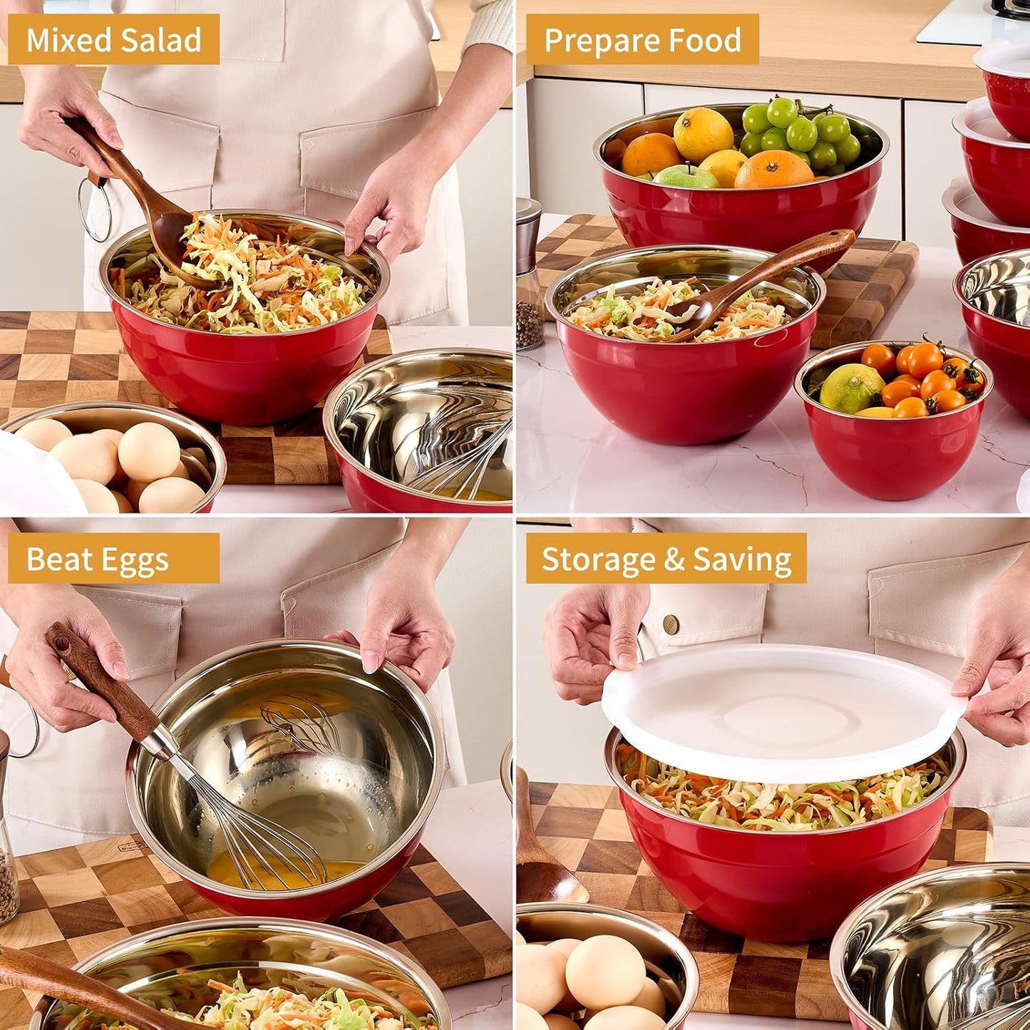 Gold Mixing Bowls with Airtight Lids, Stainless Steel Nesting Mixing Bowls Set of 7, Ideal for Baking, Prepping and Serving Food, Size 7, 3.6, 2.7, 2.1, 1.5, 1.1,0.8 QT, Stackable Design