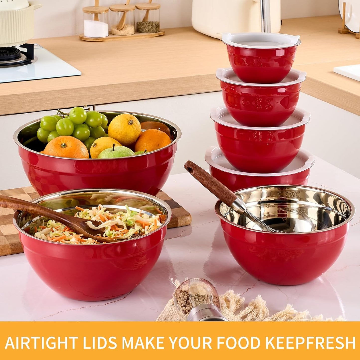 Gold Mixing Bowls with Airtight Lids, Stainless Steel Nesting Mixing Bowls Set of 7, Ideal for Baking, Prepping and Serving Food, Size 7, 3.6, 2.7, 2.1, 1.5, 1.1,0.8 QT, Stackable Design