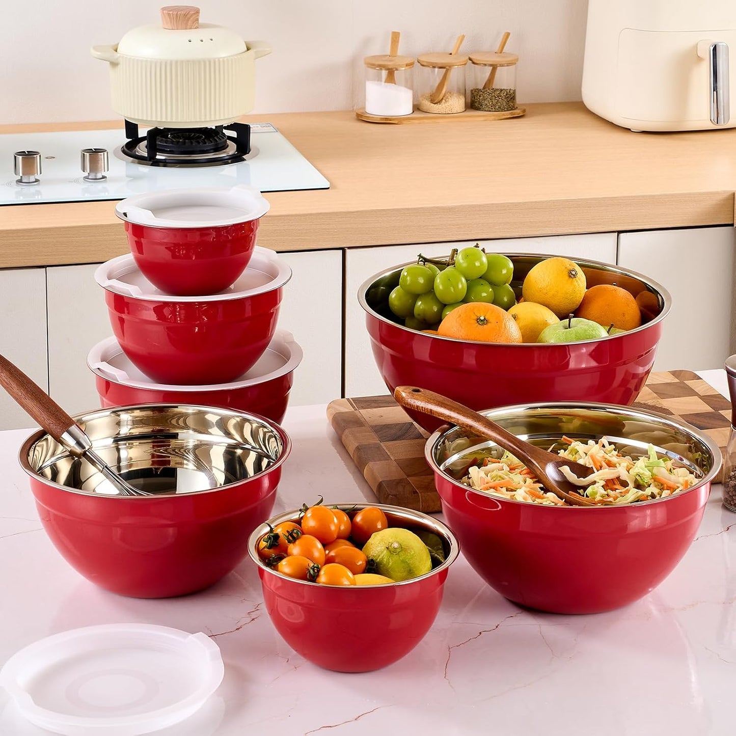 Gold Mixing Bowls with Airtight Lids, Stainless Steel Nesting Mixing Bowls Set of 7, Ideal for Baking, Prepping and Serving Food, Size 7, 3.6, 2.7, 2.1, 1.5, 1.1,0.8 QT, Stackable Design