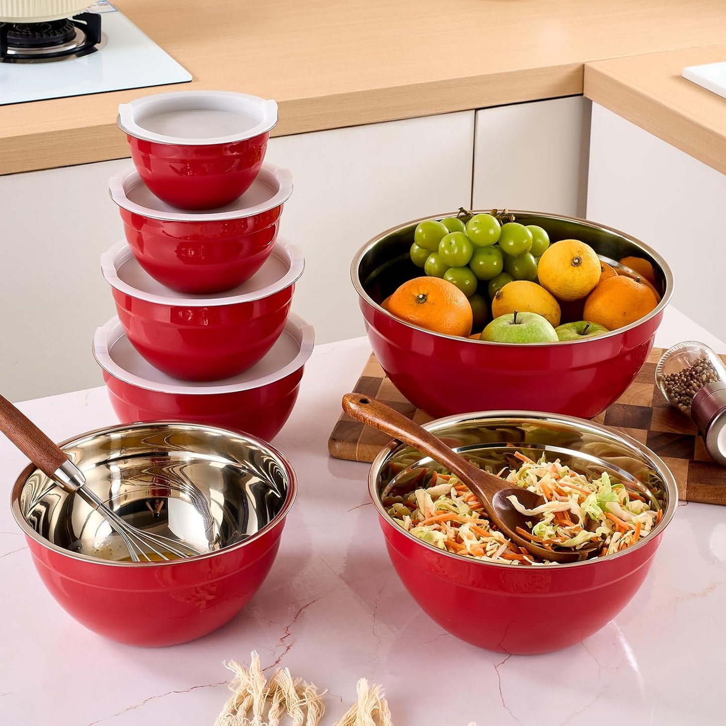 Gold Mixing Bowls with Airtight Lids, Stainless Steel Nesting Mixing Bowls Set of 7, Ideal for Baking, Prepping and Serving Food, Size 7, 3.6, 2.7, 2.1, 1.5, 1.1,0.8 QT, Stackable Design