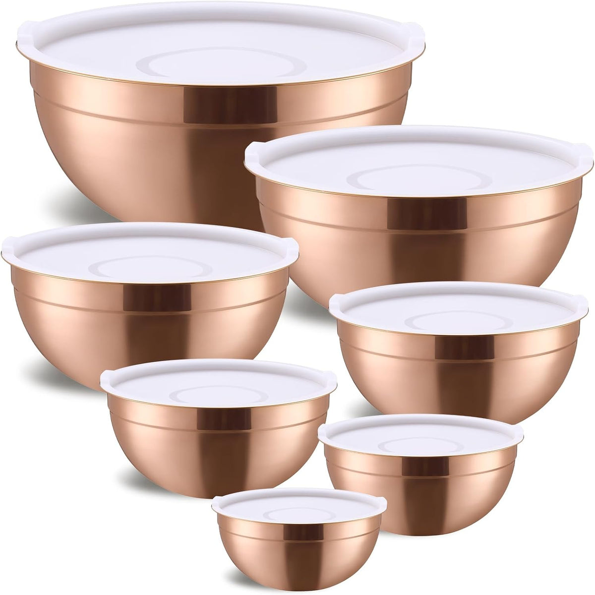 Gold Mixing Bowls with Airtight Lids, Stainless Steel Nesting Mixing Bowls Set of 7, Ideal for Baking, Prepping and Serving Food, Size 7, 3.6, 2.7, 2.1, 1.5, 1.1,0.8 QT, Stackable Design