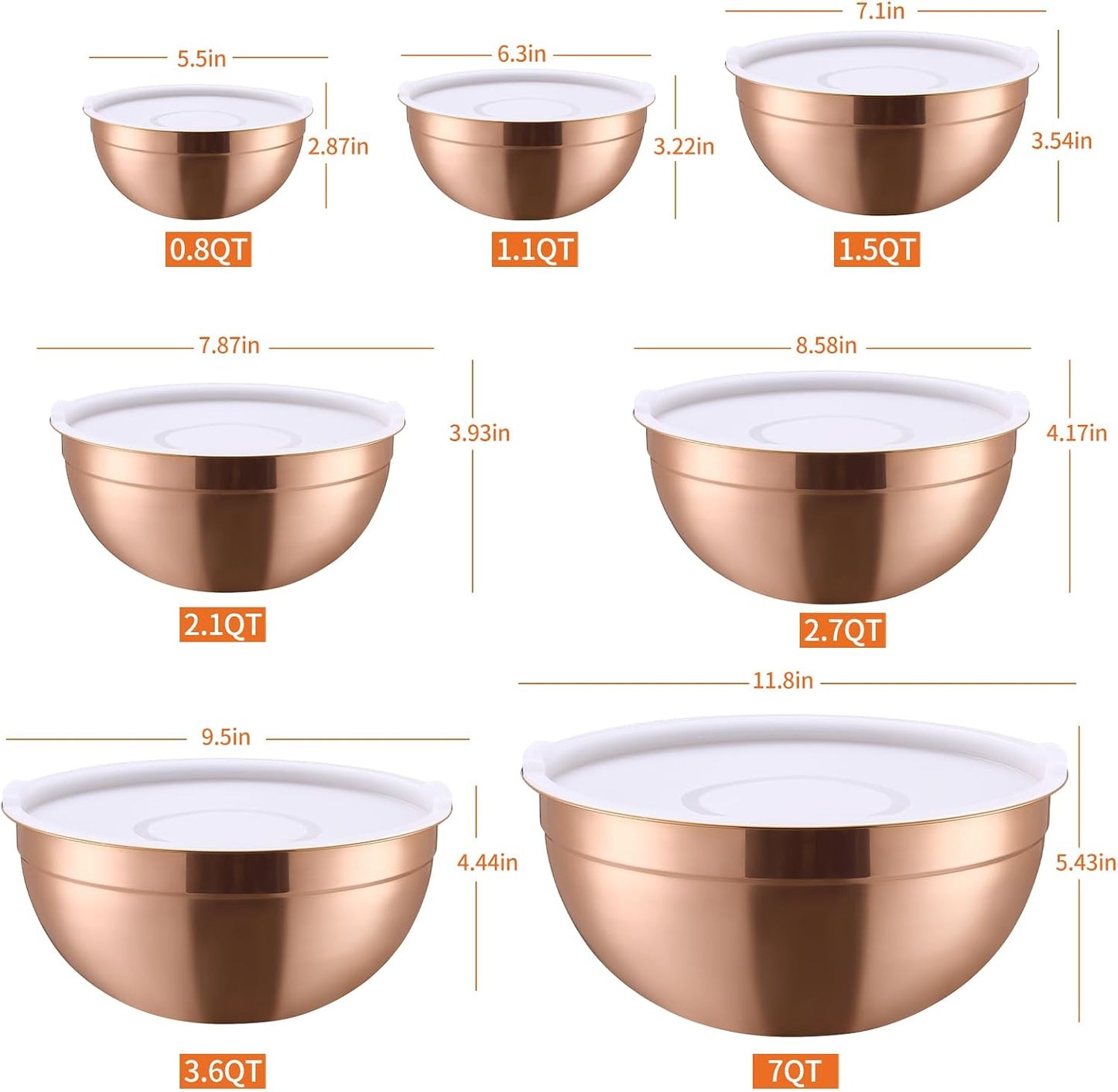 Gold Mixing Bowls with Airtight Lids, Stainless Steel Nesting Mixing Bowls Set of 7, Ideal for Baking, Prepping and Serving Food, Size 7, 3.6, 2.7, 2.1, 1.5, 1.1,0.8 QT, Stackable Design