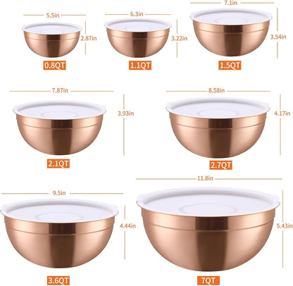 Gold Mixing Bowls with Airtight Lids, Stainless Steel Nesting Mixing Bowls Set of 7, Ideal for Baking, Prepping and Serving Food, Size 7, 3.6, 2.7, 2.1, 1.5, 1.1,0.8 QT, Stackable Design
