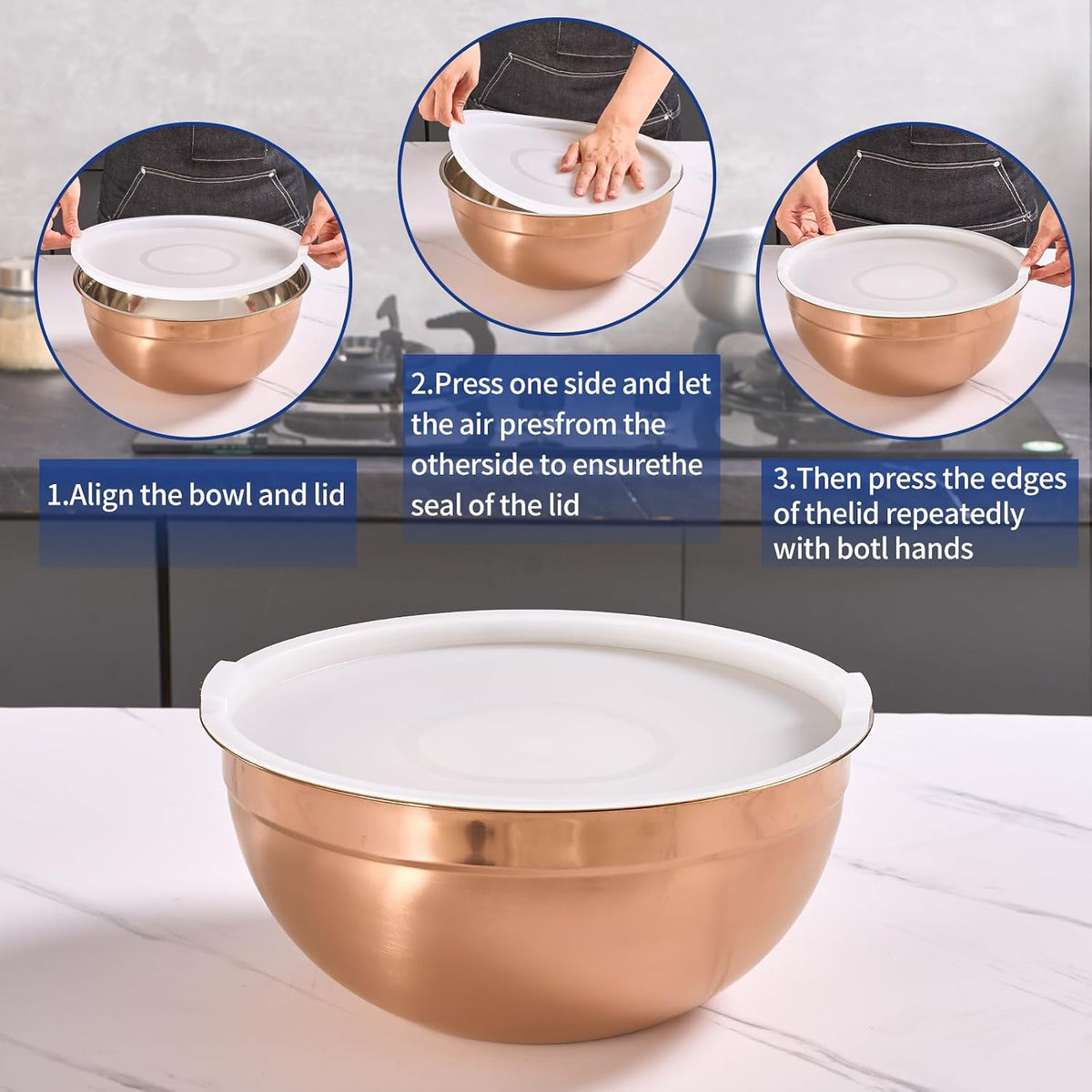 Gold Mixing Bowls with Airtight Lids, Stainless Steel Nesting Mixing Bowls Set of 7, Ideal for Baking, Prepping and Serving Food, Size 7, 3.6, 2.7, 2.1, 1.5, 1.1,0.8 QT, Stackable Design