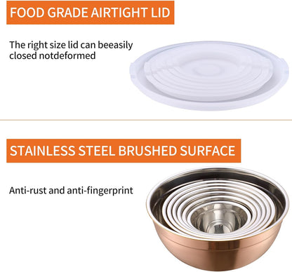 Gold Mixing Bowls with Airtight Lids, Stainless Steel Nesting Mixing Bowls Set of 7, Ideal for Baking, Prepping and Serving Food, Size 7, 3.6, 2.7, 2.1, 1.5, 1.1,0.8 QT, Stackable Design