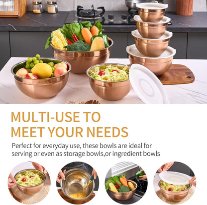 Gold Mixing Bowls with Airtight Lids, Stainless Steel Nesting Mixing Bowls Set of 7, Ideal for Baking, Prepping and Serving Food, Size 7, 3.6, 2.7, 2.1, 1.5, 1.1,0.8 QT, Stackable Design